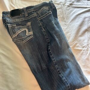 Blue Straight Leg Jeans with Contrast Stitching red rivet size 13 M